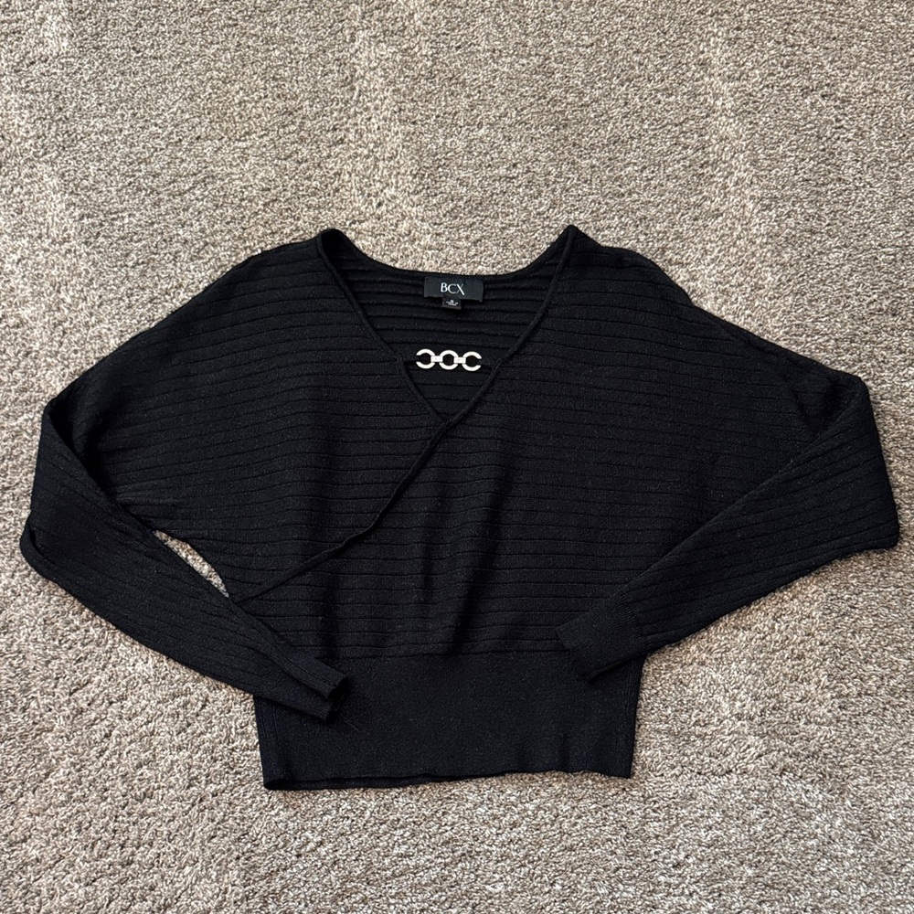 BCX Black Ribbed V-Neck Wrap Detail Sweater